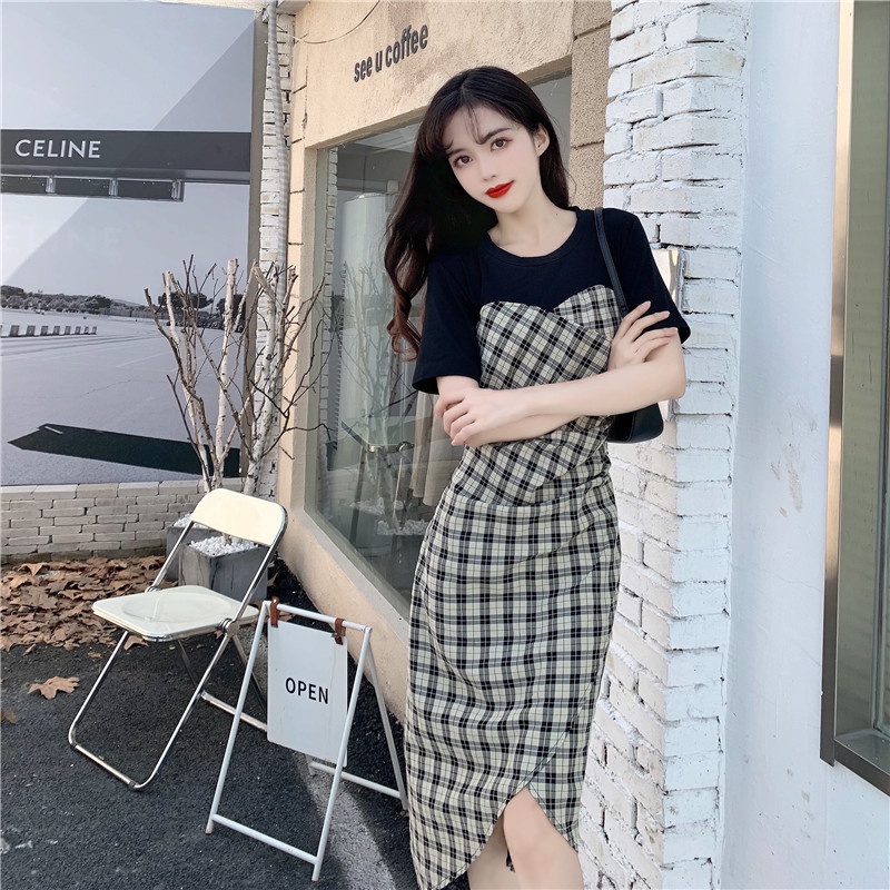 Đầm Midi Hàn Quốc Kẻ Sọc Caro, Váy Dáng Chữ a Mùa Hè