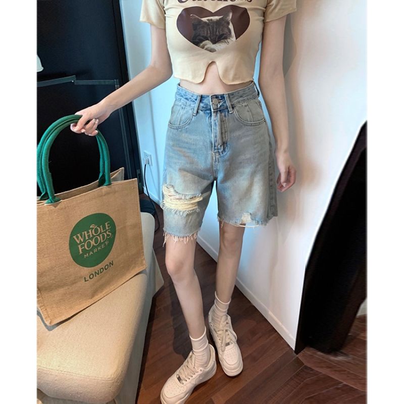 Bán Chạy!Quần Short Jean Rách Dáng Rộng Lưng Cao Phong Cách Retro Mỹ Thời Trang Mùa Hè Cho Nữ