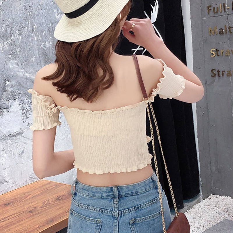 Áo dệt kim ngắn tay vai ngang phối bèo gợi cảm dành cho nữ