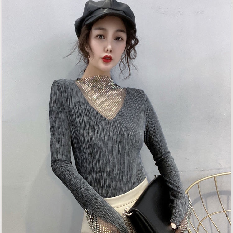 Áo thun tay dài phối lưới đính đá thời trang xuân thu dành cho nữ 2021