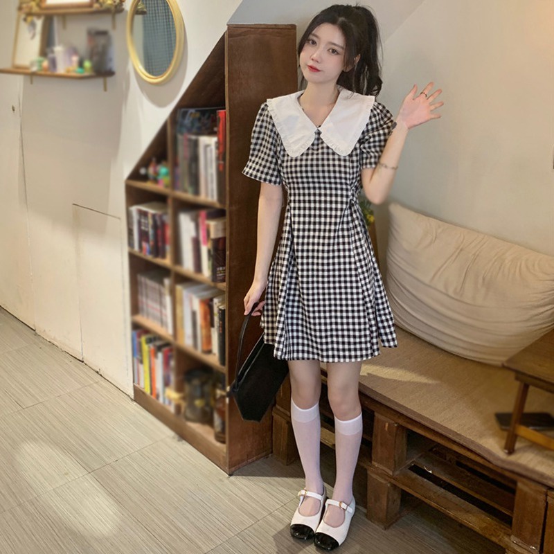 Đầm Tay Ngắn Cổ Búp Bê Họa Tiết Sọc Caro Phong Cách Hàn Quốc Thời Trang Mùa Hè Xinh Xắn