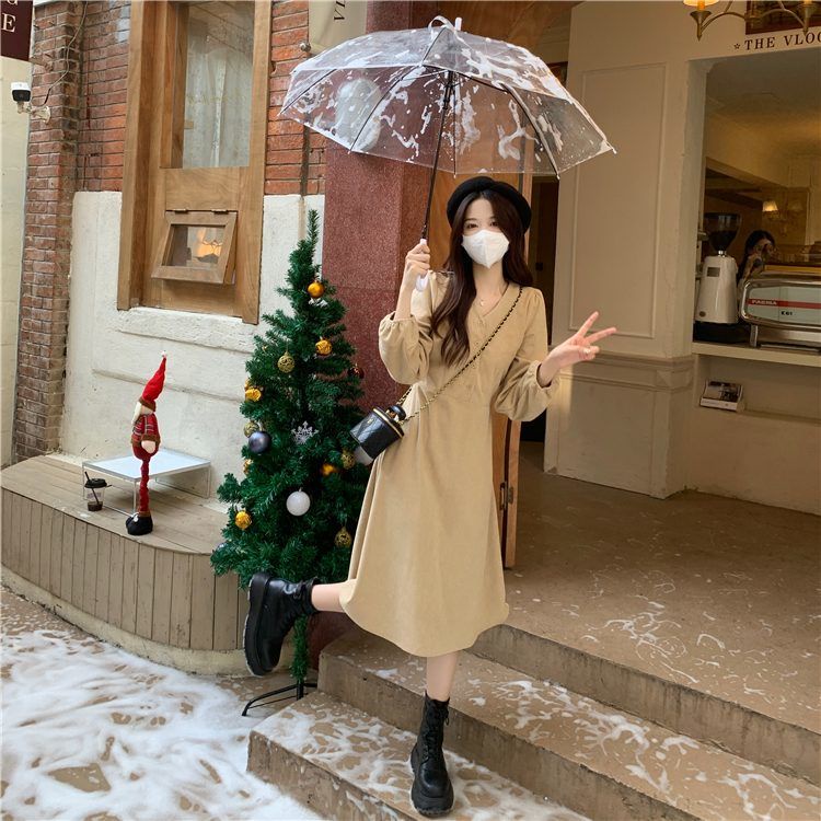 Đầm cổ chữ V thắt nơ eo thời trang nữ tính