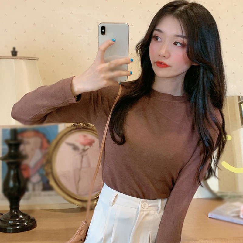 Áo thun tay dài cổ tròn màu trơn thời trang thanh lịch cho nữ