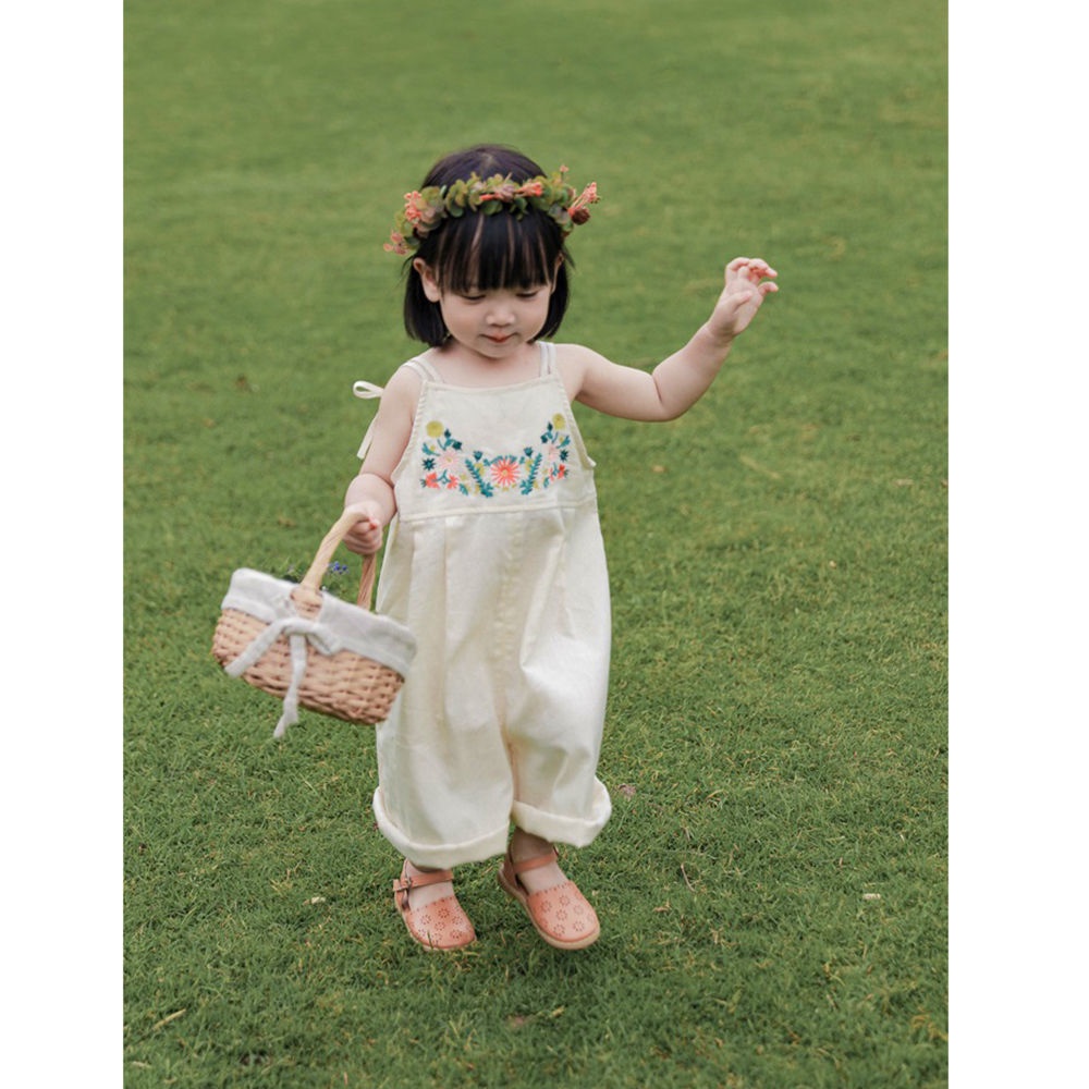Quần Yếm Cotton Lanh Dáng Rộng Thêu Hoa Phong Cách Nhật Hàn 2022 Thời Trang Cho Bé Gái