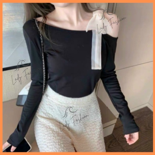 Áo Thun Dài Tay Nữ Lệch Vai Buộc Nơ Dáng Ôm Thun Mềm Mịn Co Giãn 4 Chiều Lady