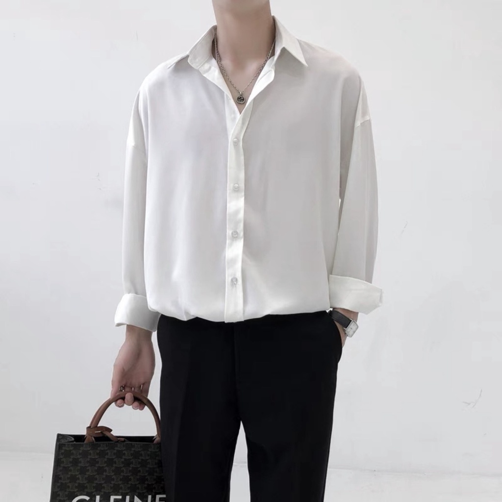 Sơ Mi Tay Dài Vải Lụa Thời Trang Hàn Quốc Cao Cấp Cho Nam cổ áo sơ mi giả Áo sơ mi rộng