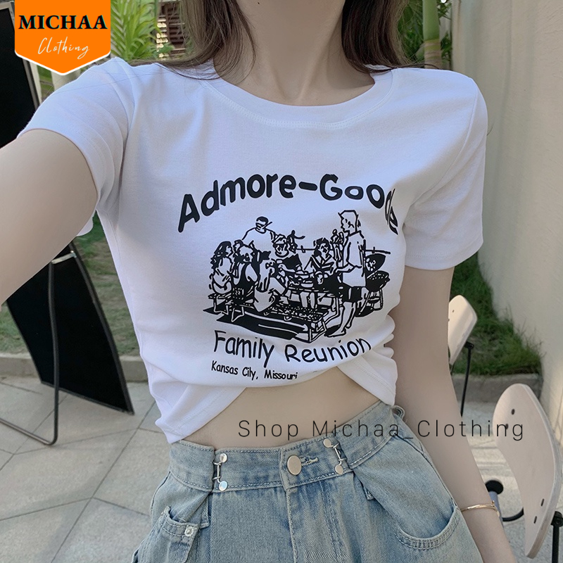 Áo Croptop Ôm Body Nữ ADMORE-GOODE Cổ Tròn Tay Ngắn, Áo Thun Croptop Kiểu In Họa Tiết - MICHAA CR90