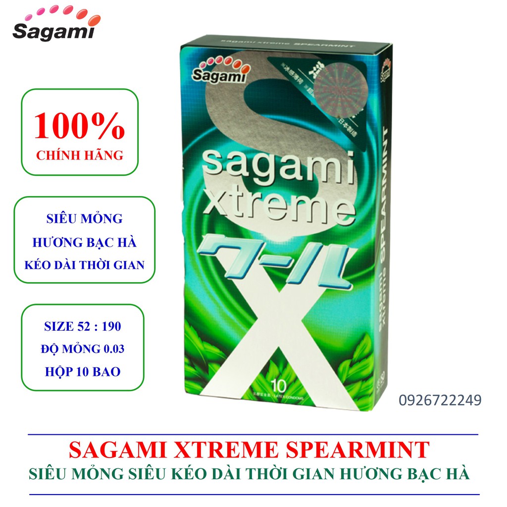 [BAO CAO SU SAGAM] Bao cao su Sagami siêu mỏng siêu kéo dài thời gian hương bạc hà Sagami xtreme Spearmint hộp 10 cái