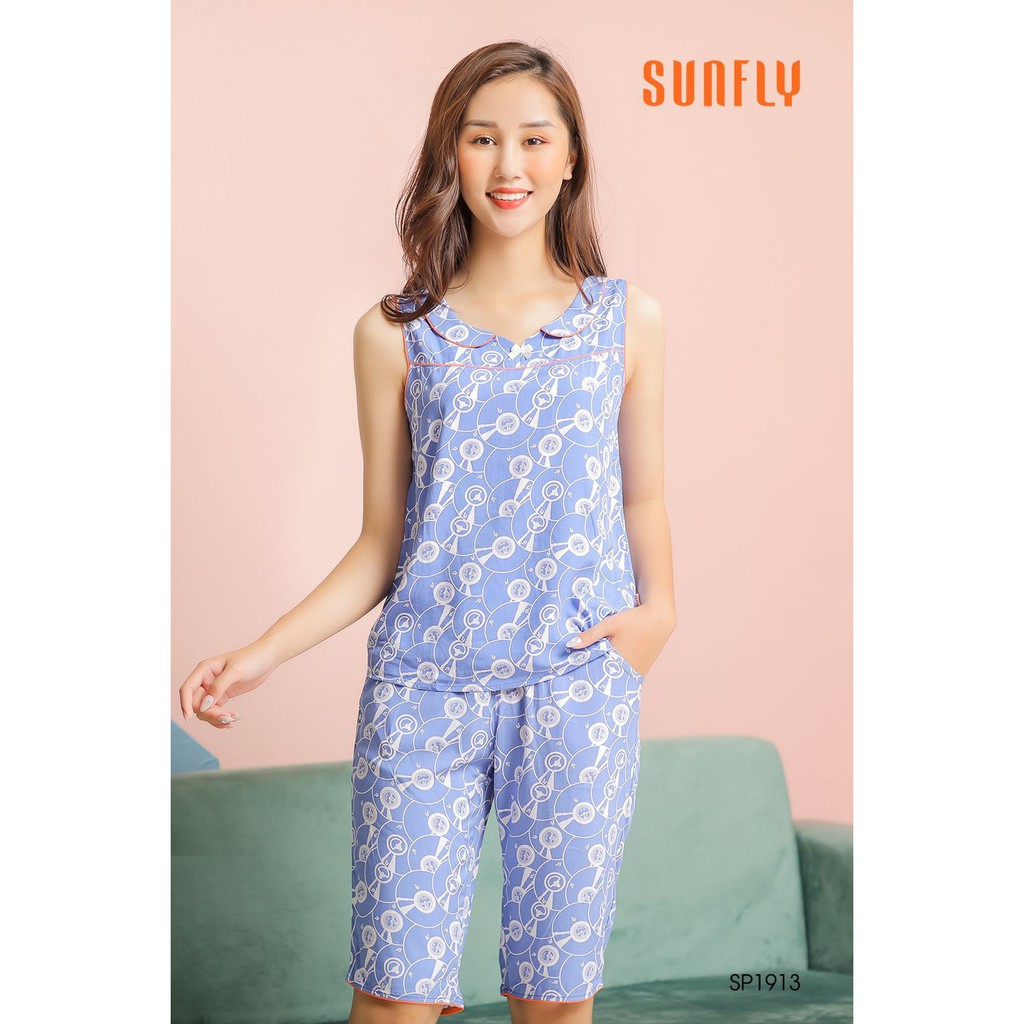 Bộ đồ mặc nhà Sunfly. Set đồ Pijama Lanh siêu nhẹ, mát lanh - form áo gile quần lửng họa tiết chấm bi, hoa nhí siêu xinh