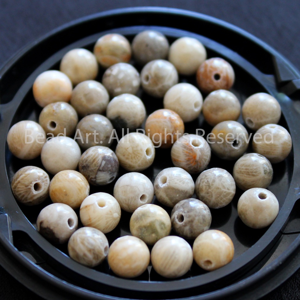 6MM San Hô Hoá Thạch  Loại A, Tông Màu Xám Vàng, Phối Vòng Tay Phong Thuỷ, Chuỗi Hạt S50 - Bead Ar