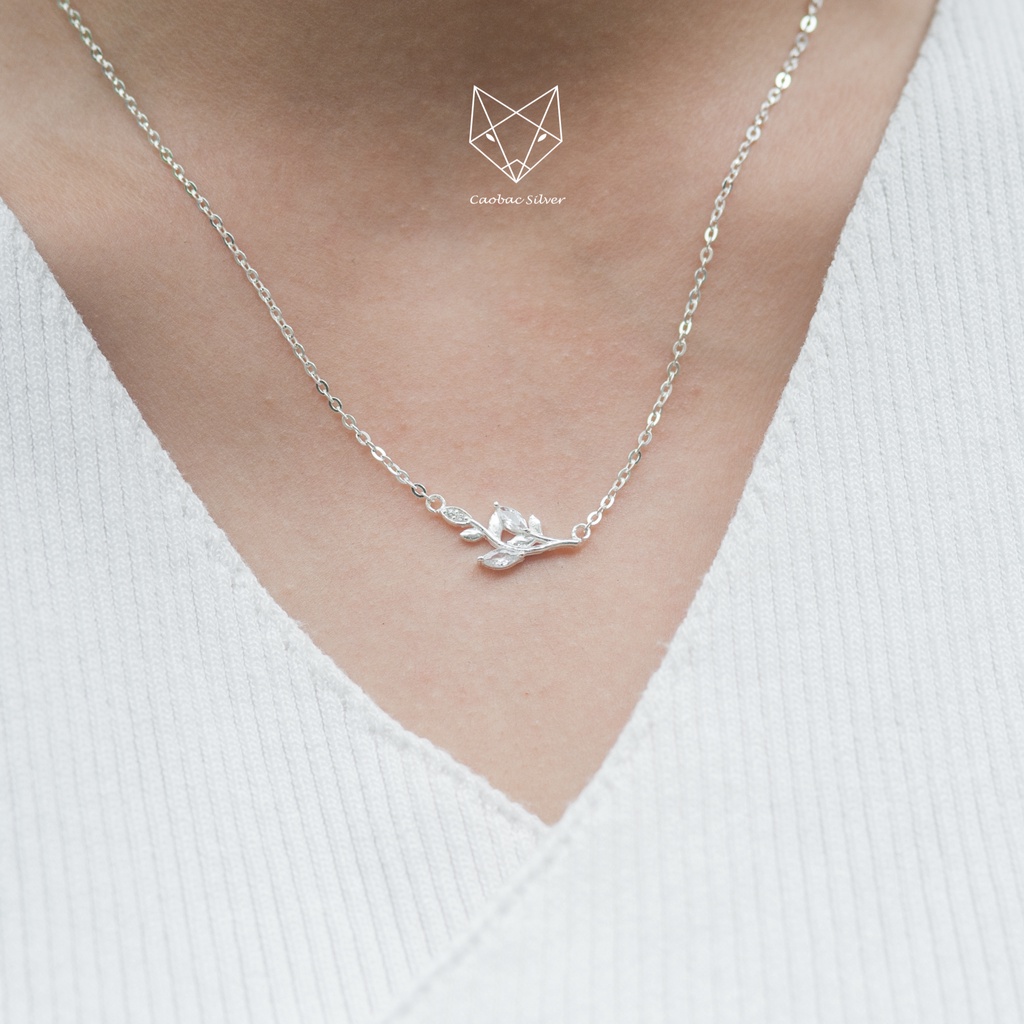 Dây Chuyền Bạc Ta Cao Cấp CaoBac Silver Hoạ Tiết Lá Lúa Đính Đá Lấp Lánh Nhẹ Nhàng, Thanh Lịch Dành Cho Bạn Gái