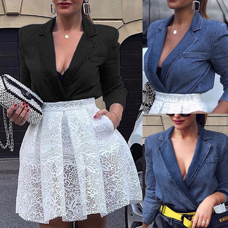 Áo blazer denim ZANZEA dài tay dáng rộng màu trơn dành cho nữ | BigBuy360 - bigbuy360.vn