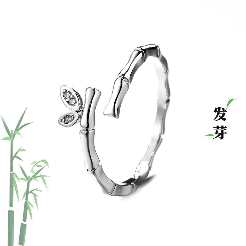 Nhẫn hở bạc 925 hình đốt trúc và bướm đính đá cỡ nhỏ phong cách Hàn Quốc thời trang J21