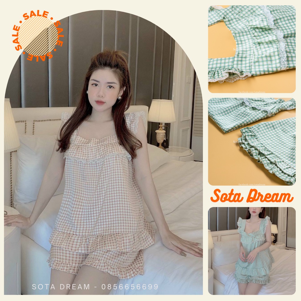 Bộ ngủ 2 dây bèo kẻ caro phối ren xinh (kèm video) - Sota Dream