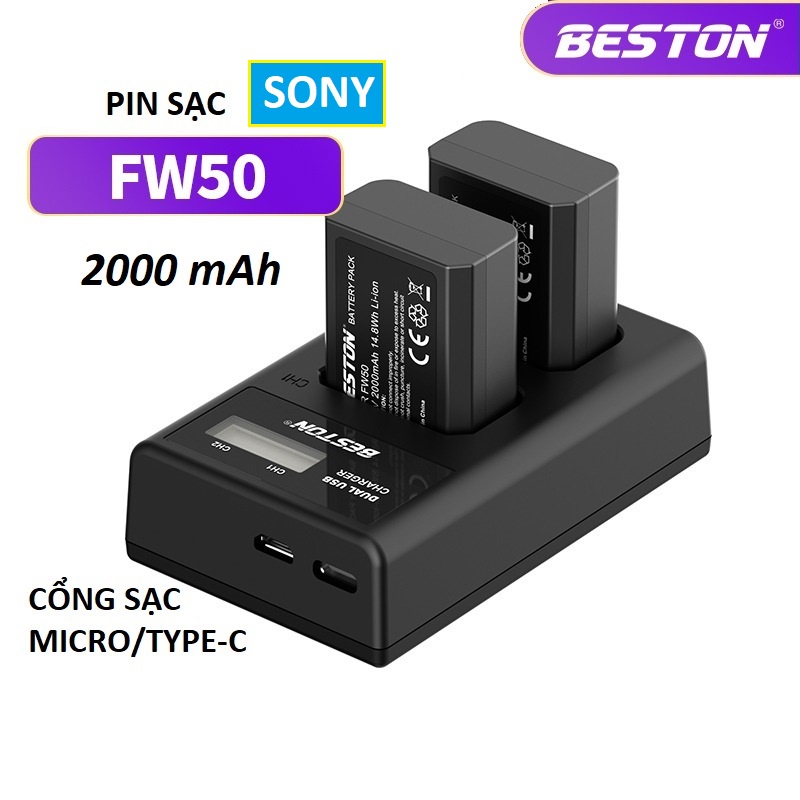 Bộ Pin NP-FW50 2000mAh + Sạc Beston Dùng Cho Máy Ảnh Sony a6100 a6300 a6500 a7m2 r2 s2 a5100 NEX-C3 NEX-C7 a33 a37 a55