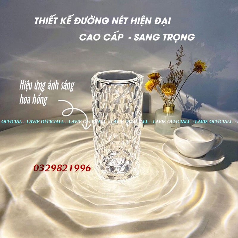 Đèn Ngủ Để Bàn Ánh Sáng Pha Lê - Đèn Trang Trí Phòng Ngủ Cao Cấp Cảm Ứng Chạm 16 Màu Có Thể Sạc Pin, Có Điều Khiển Từ Xa