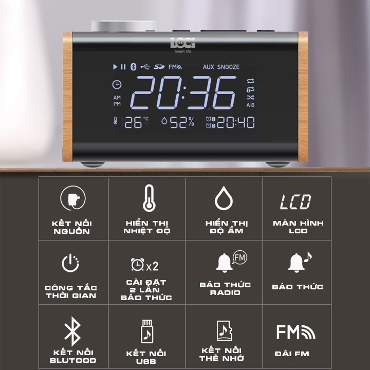 Loa bluetooth di động kèm đài FM radio hẹn giờ báo thức đo nhiệt độ nghe gọi điện thoại bằng cách kết nối bluetooth LOCI