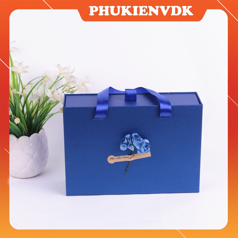 Hộp quà tặng kèm túi dạng kéo gắn hoa màu xanh cao cấp
