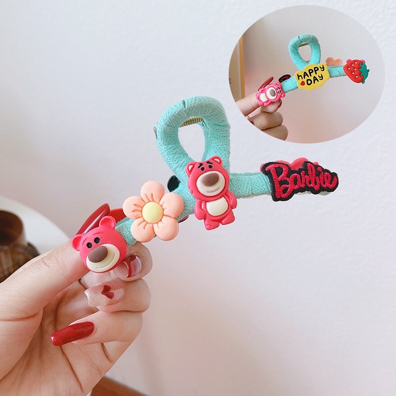 Kẹp tóc Hình Gấu Màu Xanh, Hồng gắn Sticker Thú Cưng, Hoa