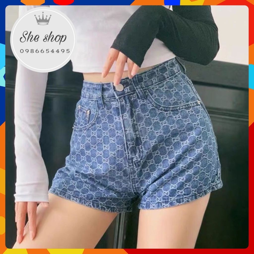 Quần short bò GC, quần short jeans nữ cạp cao hàng QUẢNG CHÂU cao cấp