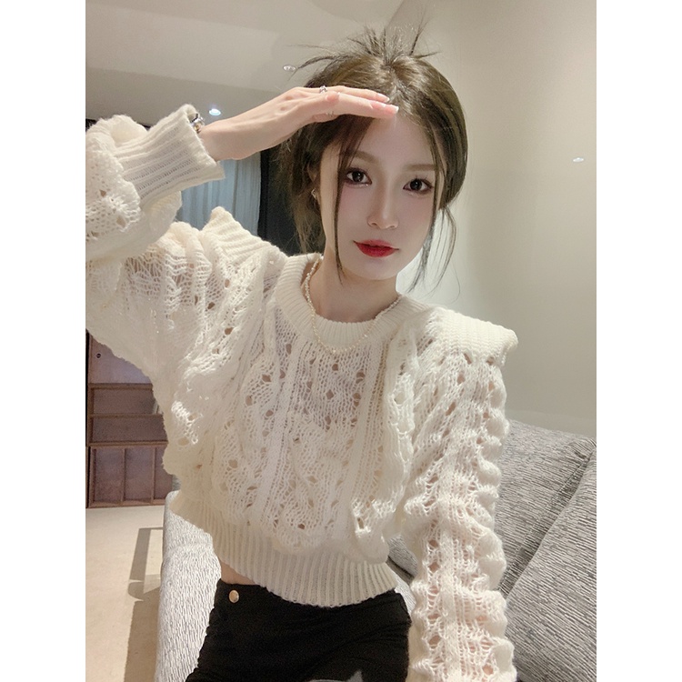 Áo sweater ZHELIHANGFEI dài tay eo cao thiết kế kiểu rách phong cách quyến rũ