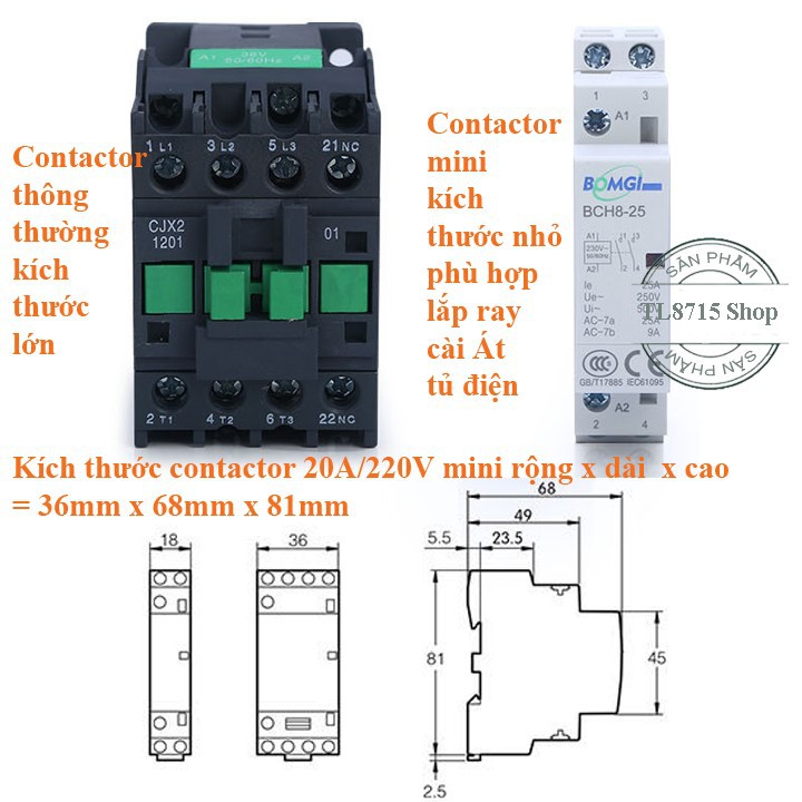 Khởi động từ contactor 25A/220V BomGi mini lắp cùng công tắc hẹn giờ, công tắc điều khiển từ xa ổ cắm