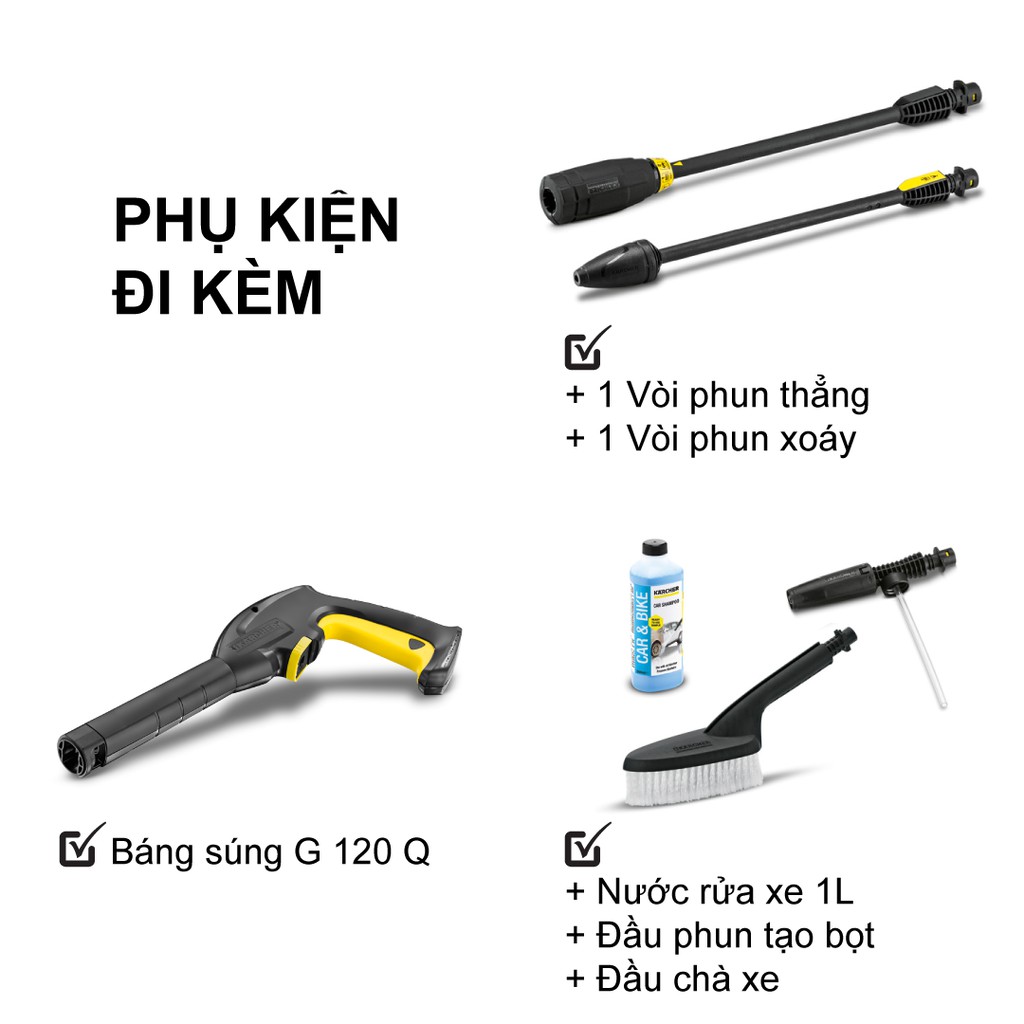 (Sản xuất Đức) Máy phun rửa áp lực Karcher K2 full control car công suất 1400w áp lực 20-110 bar, lưu lượng nước 360l/h