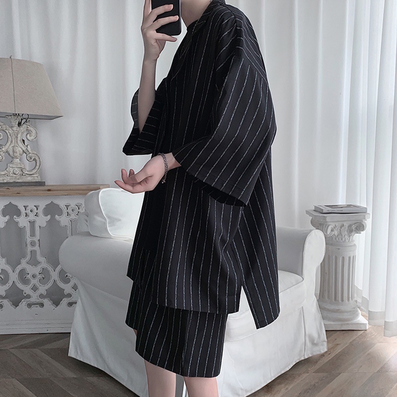 Áo Sơ Mi Tay Lửng Họa Tiết Sọc Thời Trang Phong Cách Hàn Quốc Cho Nam