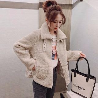 Áo Khoác Bóng Chày Cổ Đứng Dáng Rộng Bằng Len Cừu Ấm Áp
