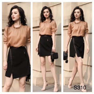 JANGMI - S310 SET ÁO TƠ RÚM + CHÂN VÁY NẸP PHI BÓNG KHOÁ GIẢ