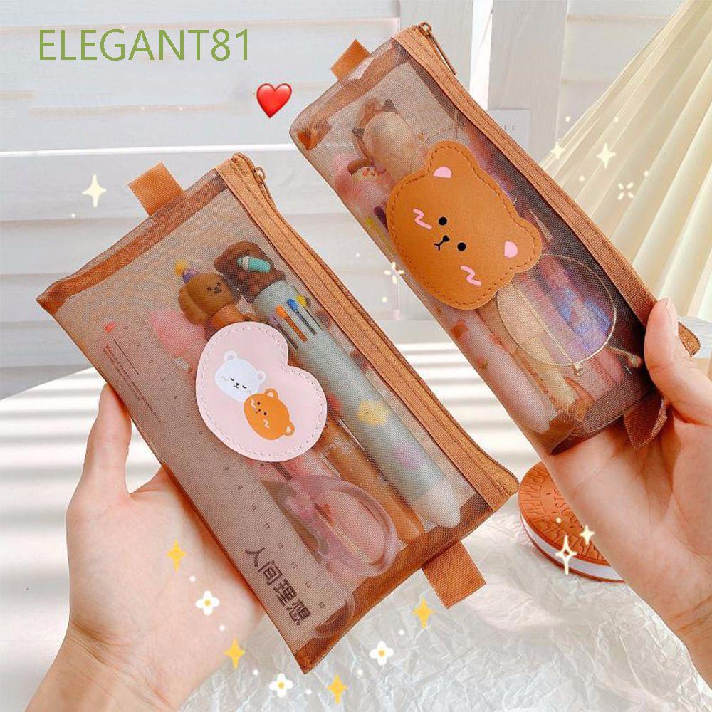 Túi đựng bút dạng lưới màu trong suốt hình gấu nâu ELEGANT81