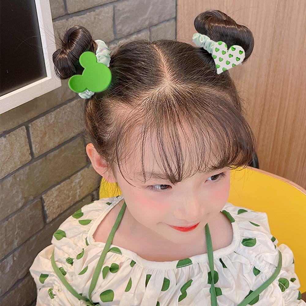 Set 5 Dây Cột Tóc Hình Cỏ Bốn Lá / Gấu Màu Xanh Lá Phong Cách Hàn Quốc Xinh Xắn Cho Bé Gái