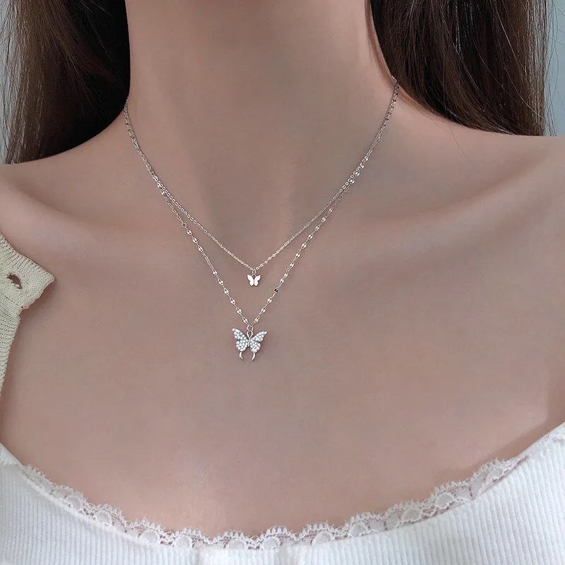 Vòng cổ hai lớp hình Cánh Bướm Xinh Xắn, Dây chuyền hai lớp [ CHUỘT LƯỜI SHOP]