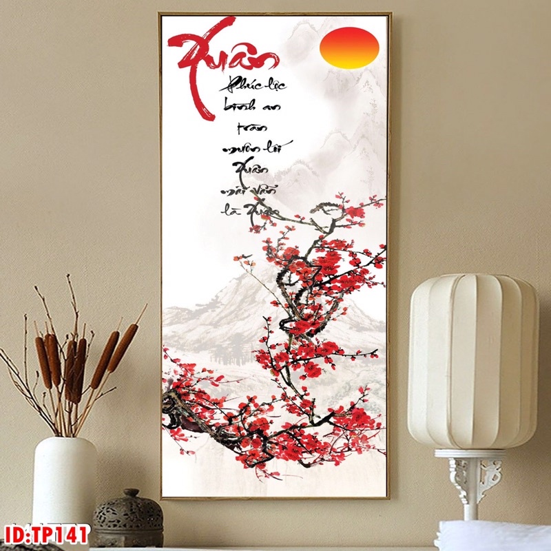 Tranh hoa đào sẵn treo chất liệu tráng gương cao cấp 50x75cm