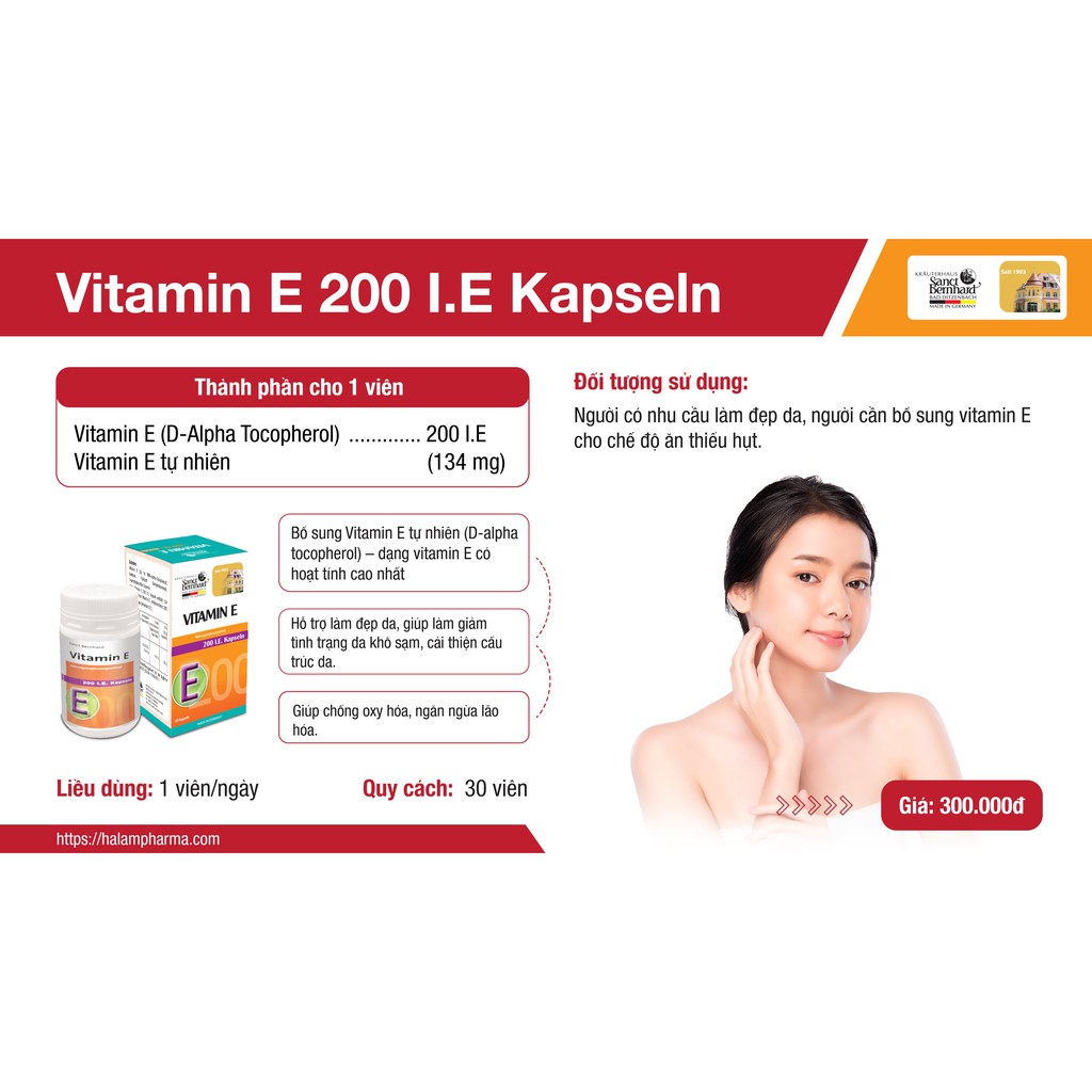 Vitamin E Kapseln hỗ trợ làm đẹp da, chống oxy hóa, ngăn ngừa lão hóa Sanct Bernhard Đức