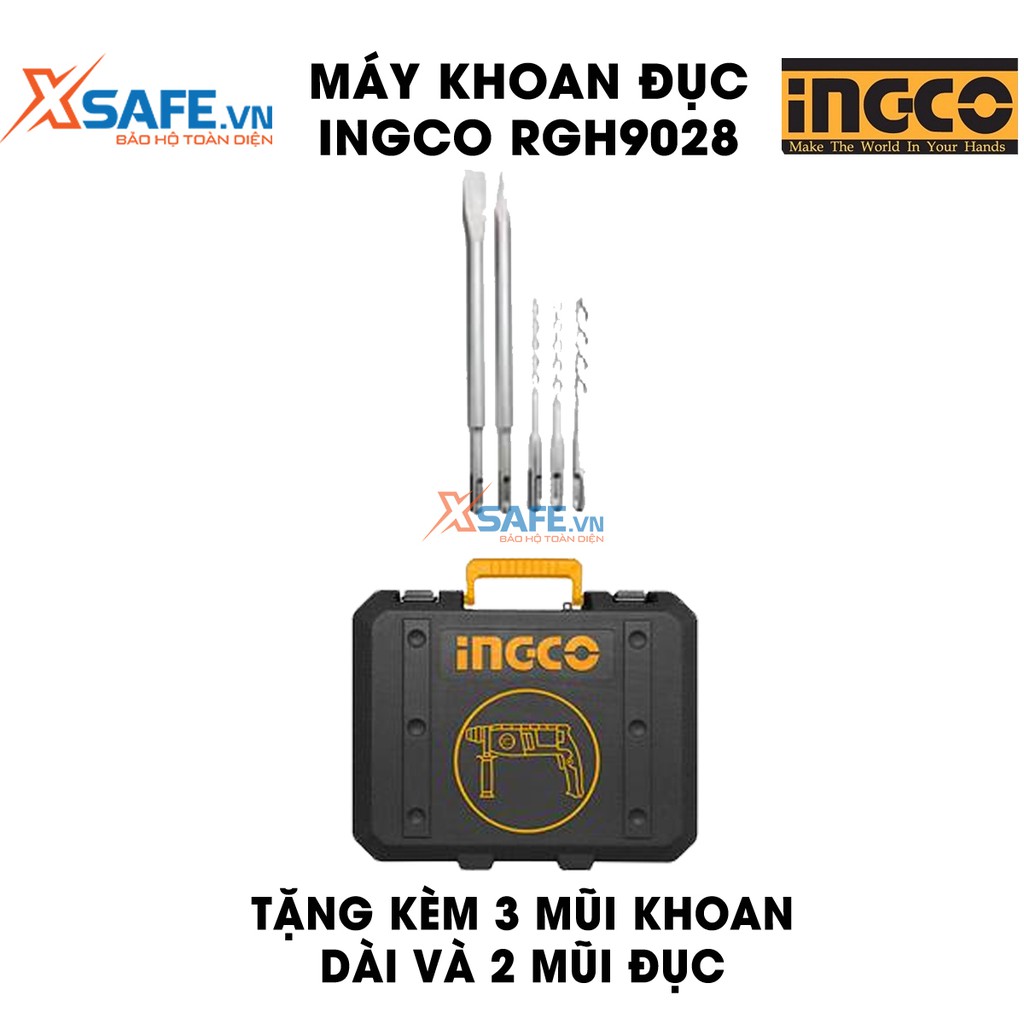 Máy khoan búa dùng pin 3 chức năng 800W INGCO RGH9028 đầu gài sds plus, tốc độ 1200 rpm tốc độ búa 5300bpm, lực đập 2.5j