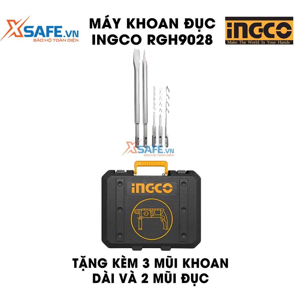 Máy Khoan đục INGCO RGH9028 tặng kèm 3 mũi khoan gài và 2 mũi đục. Máy khoan đục cầm tay có tốc độ không tải 0-1200rpm