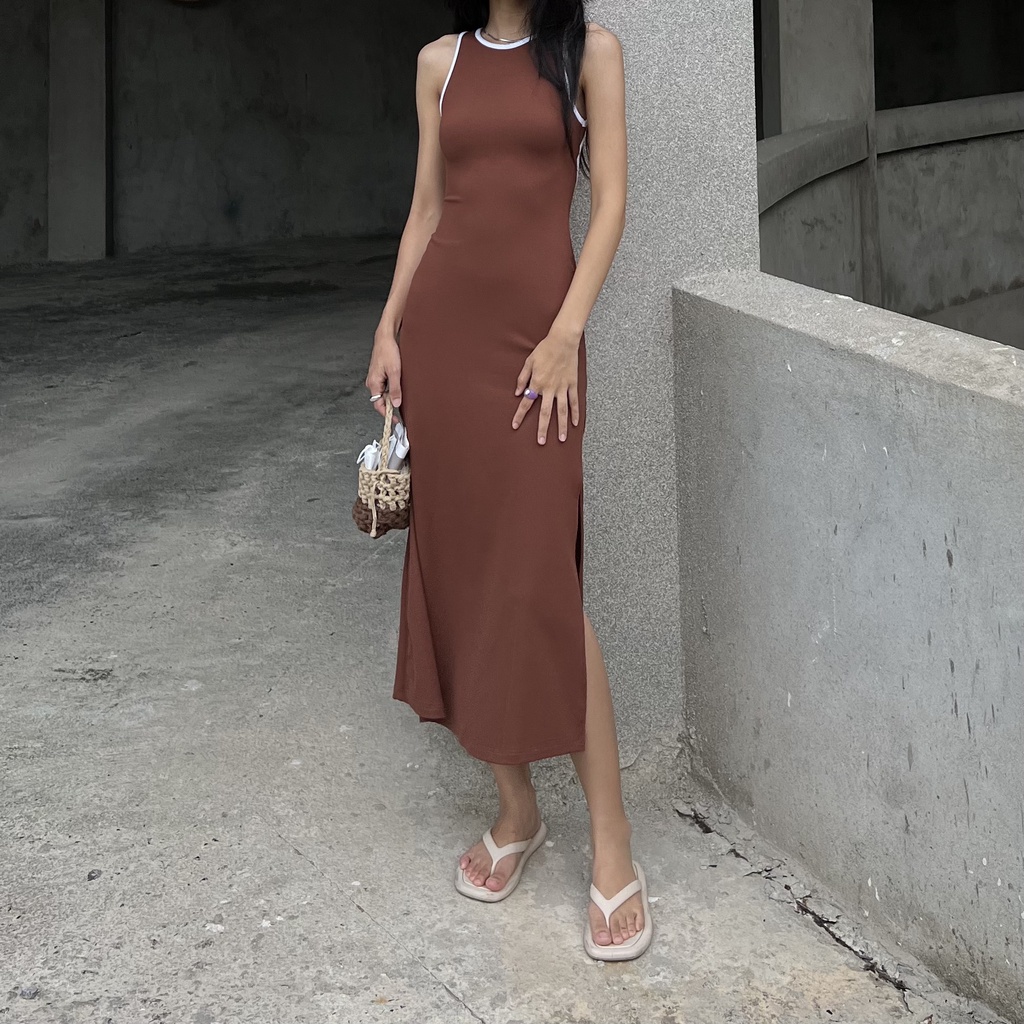 HASMILED - "have a MADAMN day" Đầm thun khoét lưng xẻ tà không tay màu NÂU CHOCO