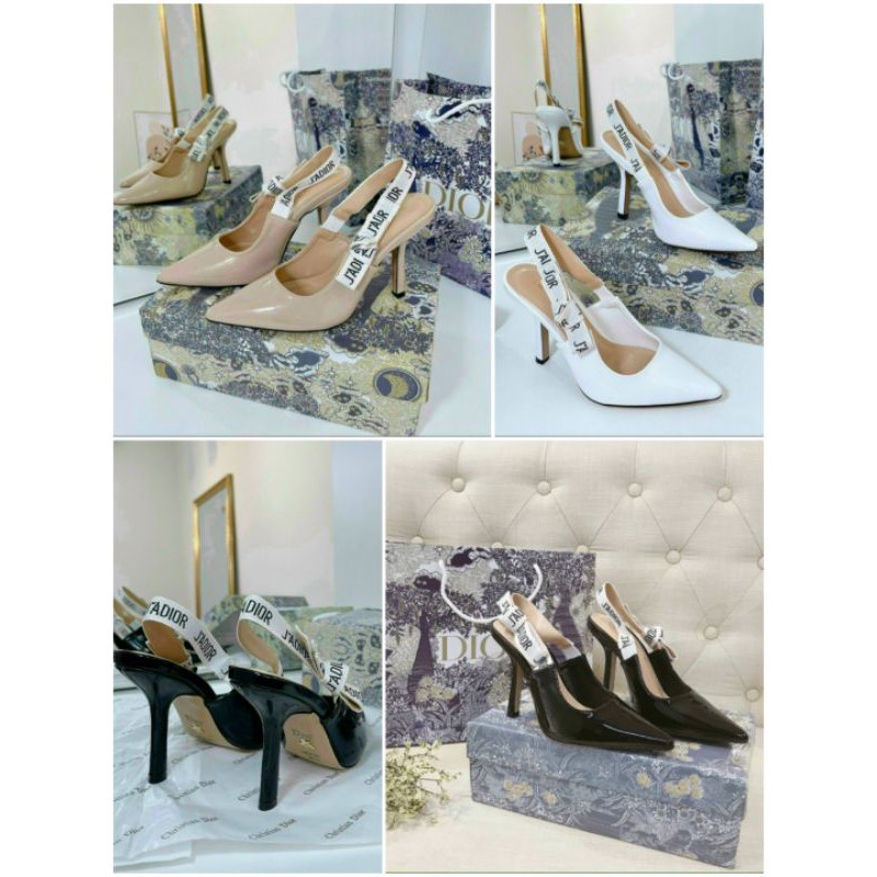 Giày Diorr bóng hở gót 9.5p quai thêu đen nude trắng