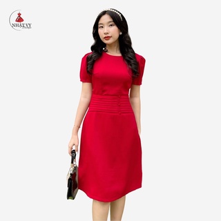 Đầm Nữ NHẬT VY Cúc Bọc Xếp Ly Eo Cổ Tròn Tay Ngắn Phồng Chất Cotton Đi Tiệc Dáng Xòe Màu Đỏ, Đen - D1803