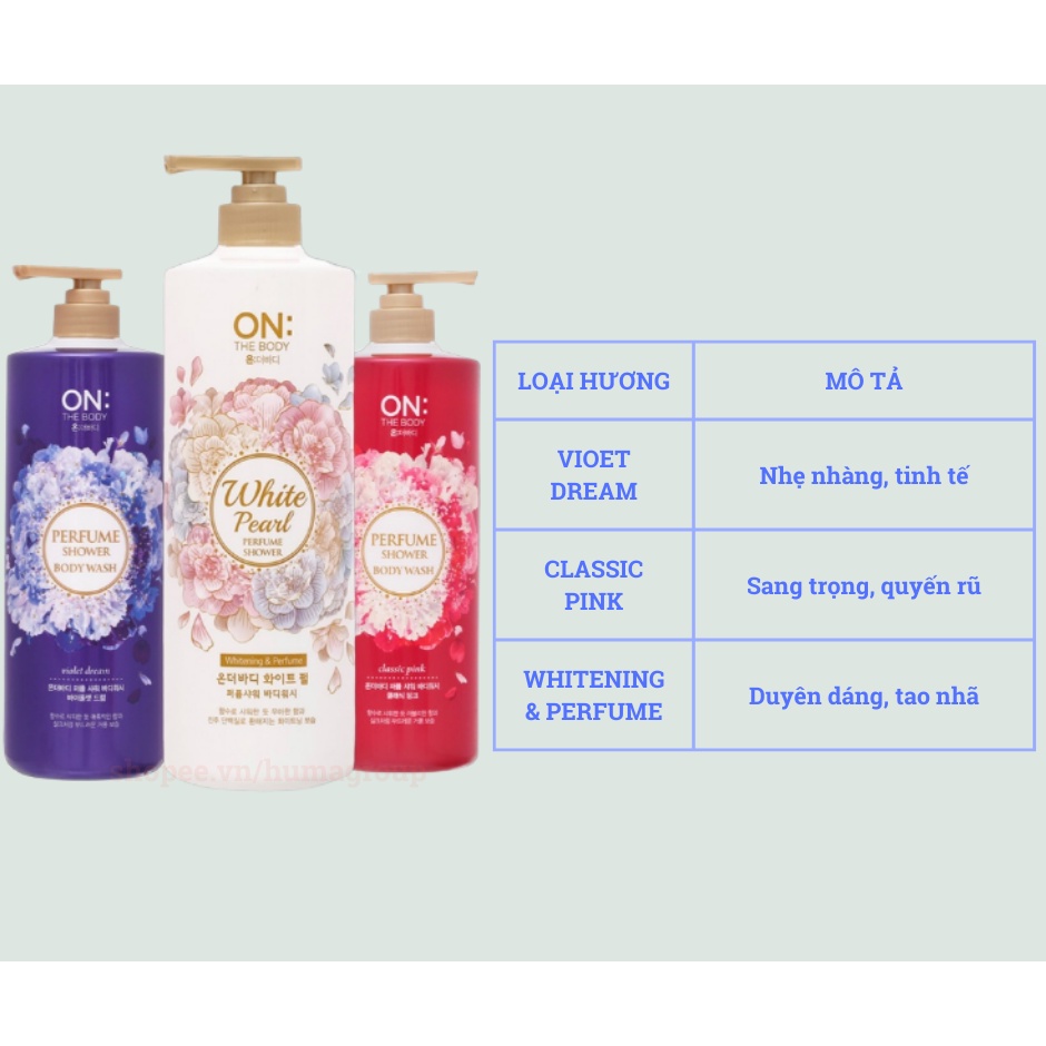 Sữa Tắm Dưỡng Trắng Ẩm Hương Nước Hoa Hàn Quốc On: The Body Classic Pink – Violet Dream – Whitening &amp; Perfume 1000ml