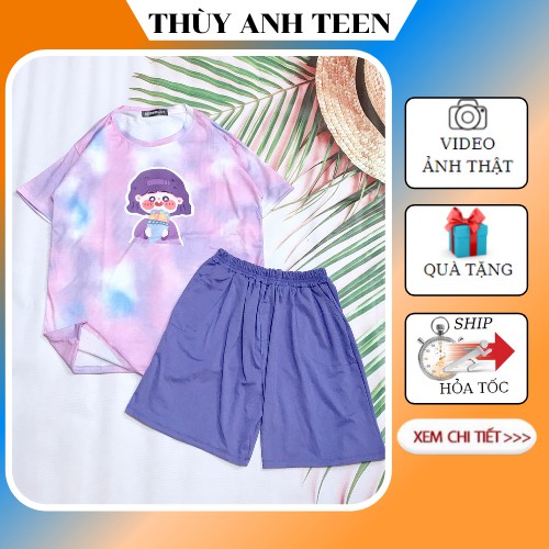 Set bộ hoạt hình áo thun loang kèm quần sooc trơn, set bộ short đùi in hình cô gái