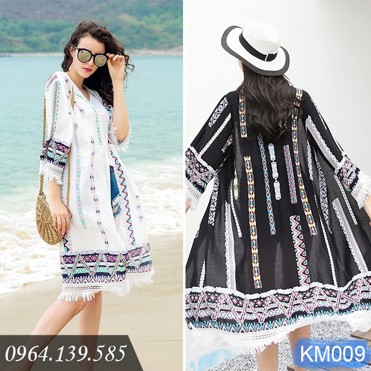 Áo khoác đi biển dáng kimono tay lỡ, họa tiết thổ cẩm viền tua rua, chất đẹp