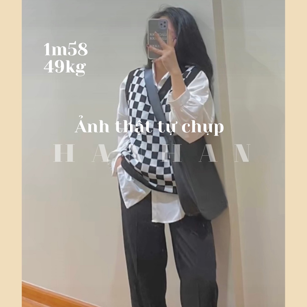 Áo gile len nữ kẻ caro cổ V dáng rộng phong cách ulzzang Hàn Quốc G3 | BigBuy360 - bigbuy360.vn