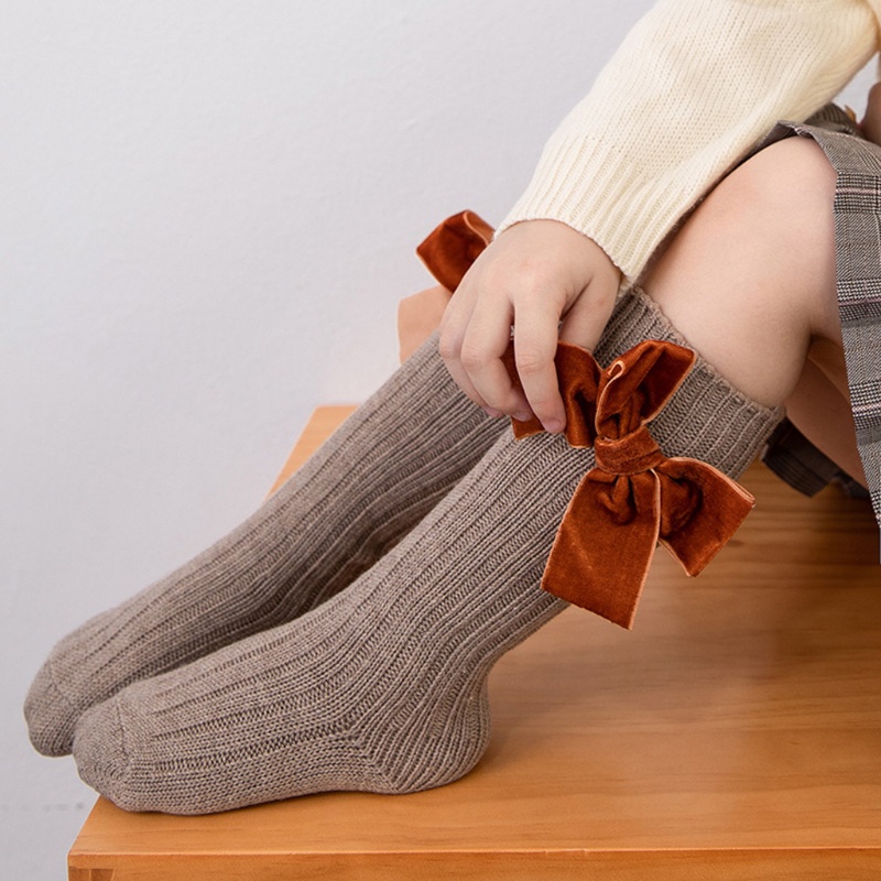 Đôi Vớ Cotton Dài Tới Gối Màu Trơn Đính Nơ Dễ Thương Cho Bé Gái