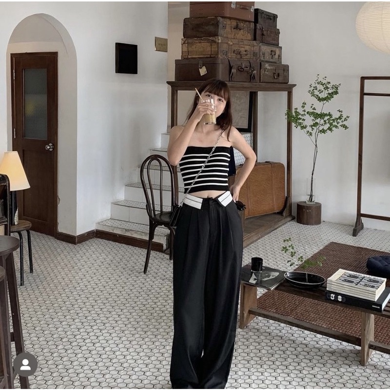 Quần vải nữ ống rộng cạp trễ