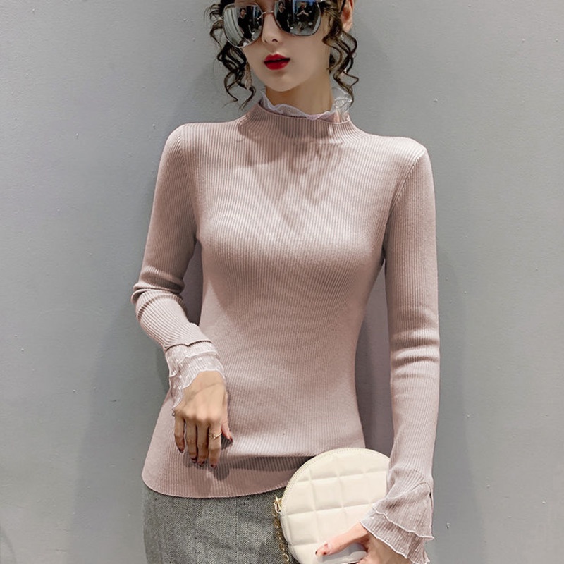 Áo Sweater Dệt Kim Cổ Cao Tay Loe Phối Ren Màu Sắc Ngọt Ngào Thời Trang Cho Nữ