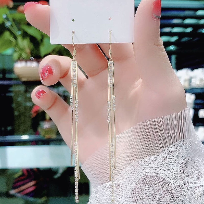 Hoa tai bông tai đính đá Hàn Quốc E1352 tua dua dài ánh vàng S925 thời trang cá tính