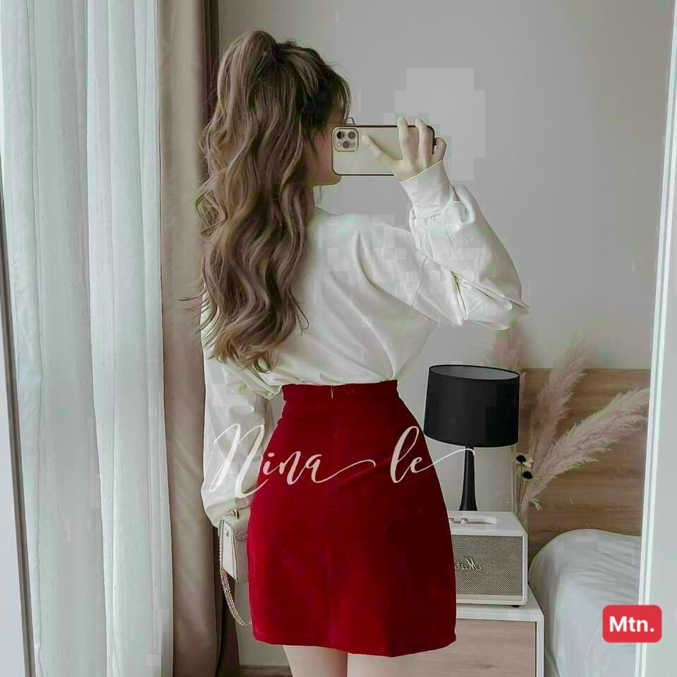 Sét bộ đồ nữ áo cổ tròn tay dài họa tiết in chữ kèm chân váy ( có lót ) tôn dáng siêu xinh phù hơp đi chơi dạo phố