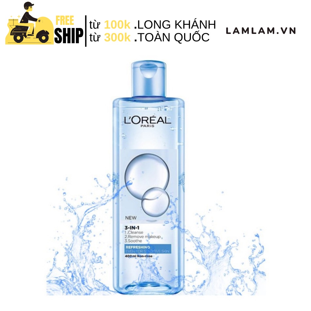 Nước tẩy trang Loreal (Xanh nhạt-tươi mát) L'Oreal Paris 3-in-1 Micellar Water 400ml